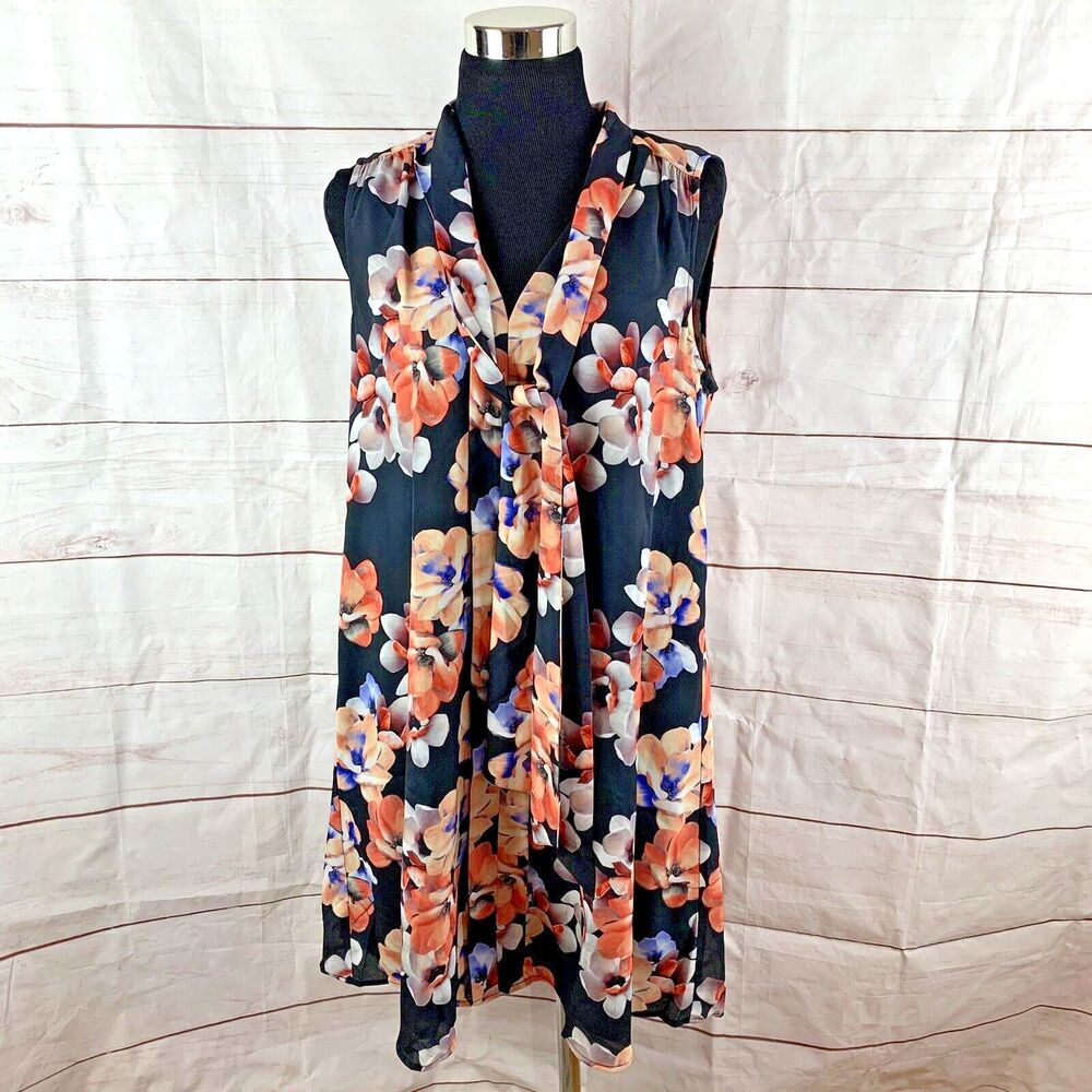 Cece Dress Floral Print Sleeveless Tunic Tie Bow Mock Neck Shift 10 Medium Lined